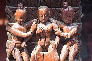 Ancient Kama Sutra wood carvings depicting sexual positions, Pashupatinath Temple, a Hindu temple dedicated to Lord Shiva, UNESCO World Heritage Site, Kathmandu, Nepal, Asia