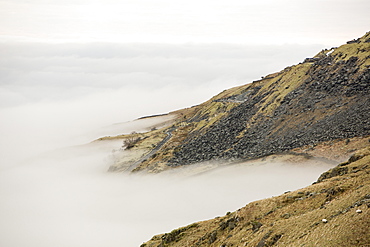 The Kirkstone Pass quarry above Ambleside with mist from a temperature inversion, Lake District, Cumbria, England, United Kingdom, Europe