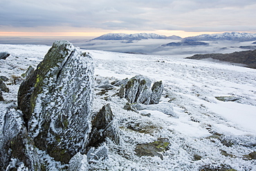 Red Screes above Ambleside with mist from a temperature inversion, looking towards Coniston Old Man, Lake District National Park, Cumbria, England, United Kingdom, Europe