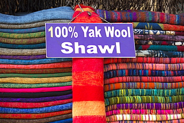 Yak wool shawls on a stall in Kathmandu, Nepal, Asia