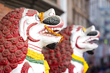 Lion statues in Kathmandu's Durbar Square, UNESCO World Heritage Site, Kathmandu, Nepal, Asia