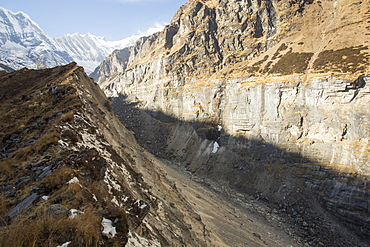 The rapidly retreating South Annapurna glacier in the Annapurna Sanctuary, Nepalese Himalayas, Nepal, Asia