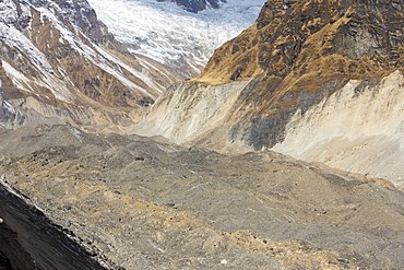 The rapidly retreating South Annapurna glacier in the Annapurna Sanctuary, Nepalese Himalayas, Nepal, Asia