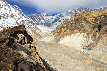 The rapidly retreating South Annapurna glacier in the Annapurna Sanctuary, Nepalese Himalayas, Nepal, Asia