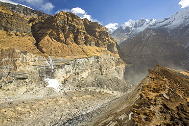 The rapidly retreating South Annapurna glacier in the Annapurna Sanctuary, Nepalese Himalayas, Nepal, Asia