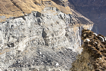 The rapidly retreating South Annapurna glacier in the Annapurna Sanctuary, Nepalese Himalayas, Nepal, Asia