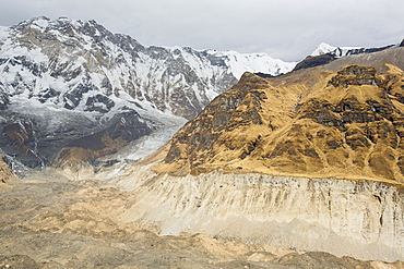 The rapidly retreating South Annapurna glacier in the Annapurna Sanctuary, Nepalese Himalayas, Nepal, Asia