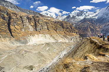 The rapidly retreating South Annapurna glacier in the Annapurna Sanctuary, Nepalese Himalayas, Nepal, Asia