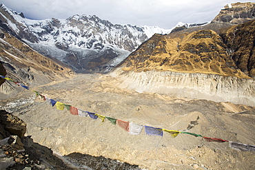 The rapidly retreating South Annapurna glacier in the Annapurna Sanctuary, Nepalese Himalayas, Nepal, Asia