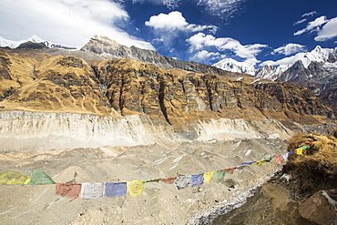 The rapidly retreating South Annapurna glacier in the Annapurna Sanctuary, Nepalese Himalayas, Nepal, Asia