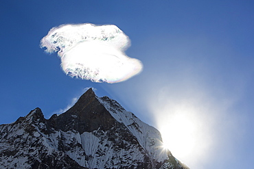 Jet stream winds over Machapuchare in the Annapurna Himalayas in Nepal, Asia