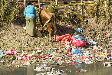 Litter in the Bishnumati River running through Kathmandu in Nepal, Asia