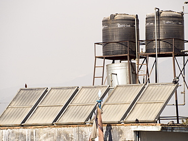 Solar thermal panels for heating water on the rooftops of Kathmandu, Nepal, Asia