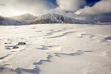 Sastrugi on windslab drifted snow in Coire an Sneachda in the Cairngorm mountains, Scotland, United Kingdom, Europe