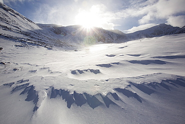 Sastrugi on windslab drifted snow in Coire an Sneachda in the Cairngorm mountains, Scotland, United Kingdom, Europe