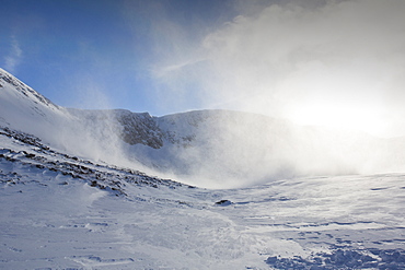 Drifting snow in Coire an Sneachda in the Cairngorm mountains, Scotland, United Kingdom, Europe