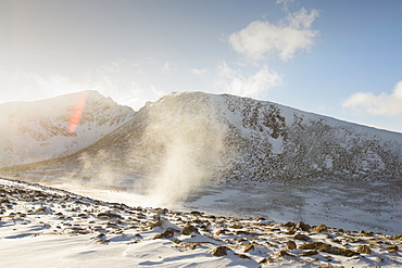 Drifting snow in Coire an Sneachda in the Cairngorm mountains, Scotland, United Kingdom, Europe