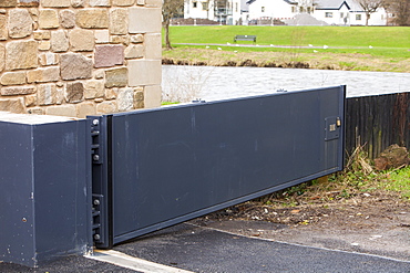 A flood gate, part of the new flood defences in Cockermouth, Cumbria, England, United Kingdom, Europe