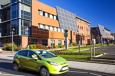 Tracking solar voltaic panels outside the University of Central Lancashire, Preston, Lancashire, England, United Kingdom, Europe