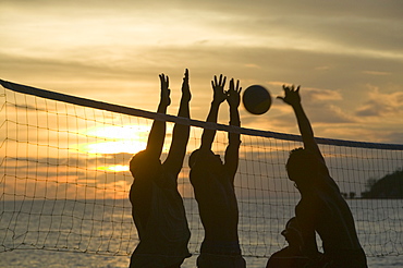 Fijian men playing beach volleyball at sunset at the Walu Beach Resort on Malolo Island off Fiji, Pacific