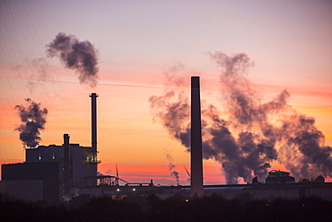 Sunset over the Iggesund paper board manufacturer in Workington, Cumbria, England, United Kingdom, Europe