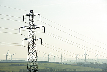 Wind turbines and electricity pylon near Cockermouth, Cumbria, England, United Kingdom, Europe