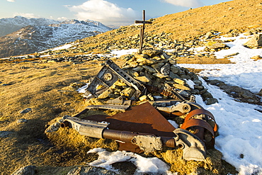 Remains of a Second World War Canadian Halifax Bomber, which crashed in October 1944 on Great Carrs, Lake District, Cumbria, England, United Kingdom, Europe