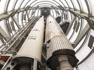 Blue Streak and Thor Able space rockets at the National Space Centre in Leicester, England, United Kingdom, Europe