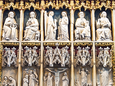 Stone carvings behind the altar in St. Laurence's church in Ludlow, Shropshire, England, United Kingdom, Europe