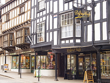 Ancient 17th century shops in the centre of Ludlow, Shropshire, England, United Kingdom, Europe