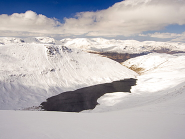 Hayeswater reservoir above Hartsop in Patterdale looking towards the Helvellyn range, in unseasonally cold weather in late March 2013, Lake District,  Cumbria, England, United Kingdom, Europe