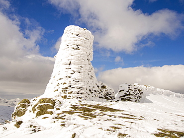 Thornthwaite Beacon plastered in hoar frost in unseasonally cold weather in late March 2013, Lake District, Cumbria, England, United Kingdom, Europe