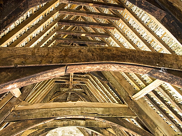 Ancient roof timbers in Stokesay Castle which is a fortified manor house built in the late 13th century, Stokesay, near Craven Arms, Shropshire, England, United Kingdom, Europe