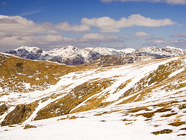 The Scafell range from Consiton Old Man, Lake District, Cumbria, England, United Kingdom, Europe