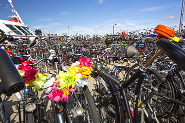 Bikes in bike racks in Amsterdam, Netherlands, Europe