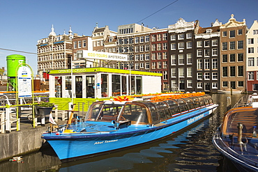 Tour boats in front of old houses, Amsterdam, Netherlands, Europe