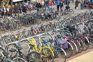 Bikes in bike racks in Amsterdam, Netherlands, Europe