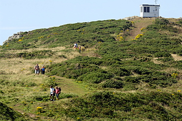 People walking on coast path, Coastguard Hut, Deer Park, Marloes, Pembrokeshire, Wales, UK, Europe