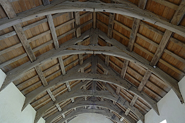 Detail of wooden church roof, Eglwys y Grog Church of the Holy Cross, Mwnt, Ceredigion, Wales, UK, Europe