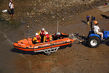 RNLI inshore rescue boat demonstration rescue, Little Haven Summer Regatta, Pembrokeshire, Wales, UK, Europe