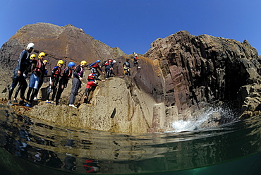 Coasteering, St. Non's Bay, Pembrokeshire, Wales, UK, Europe