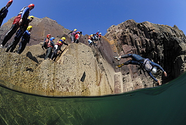 Coasteering, St. Non's Bay, Pembrokeshire, Wales, UK, Europe