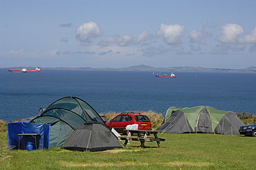 Tents on coastal campsite, West Hook Farm, Marloes, Pembrokeshire, Wales, UK, Europe