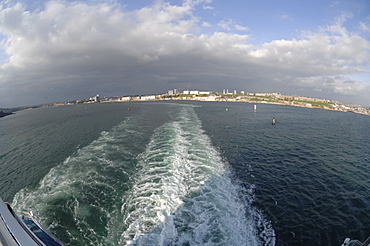 View of Plymouth from the deck of the Pont Aven ferry, Brittany Ferries, Plymouth to Roscoff crossing, Atlantic Ocean