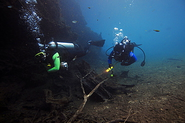 Scuba divers underwater, Prata River, Bonito, Mato Grosso do Sul, Brazil, South America