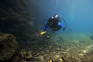 Scuba diver underwater, Prata River, Bonito, Mato Grosso do Sul, Brazil, South America