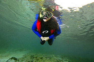 Diver enjoys underwater landscape of Sucuri River, Bonito, Mato Grosso do Sul, Brazil, South America