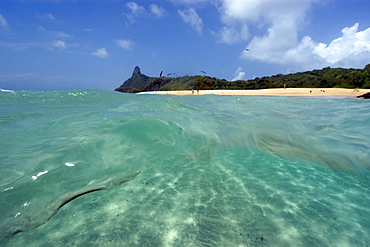 View of Pico Hill from Cacimba do Padre Beach, Fernando de Noronha, UNESCO World Heritage Site, Brazil, South America