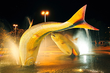 Fountain with statue of a Characin (Piraputanga) (Brycon hilarii), in the central square at night, Bonito, Mato Grosso do Sul, Brazil, South America