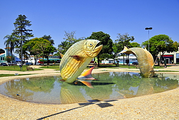 Fountain with statue of a Characin (Piraputanga) (Brycon hilarii), in the central square, Bonito, Mato Grosso do Sul, Brazil, South America